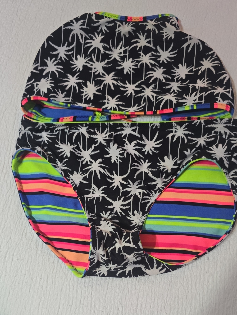 Two-Piece Bikini Set with Black & Neon Palm Print